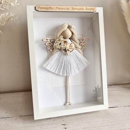 Anioł Stróż w gablotce, aniołek ze sznurka w ramce