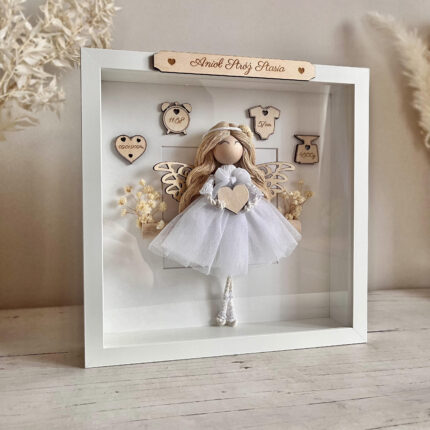 Metryczka dla dziewczynki, aniołek w białej ramce