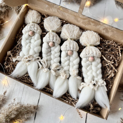 Świąteczne skrzaty z zawieszką, makrama, ZESTAW