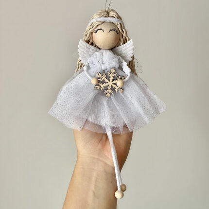 Aniołek świąteczny makrama, anioł stróż ze śnieżynką 25cm