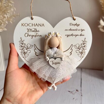 Podziękowanie dla Matki Chrzestnej, aniołek w sercu makrama, Komunia i Chrzest