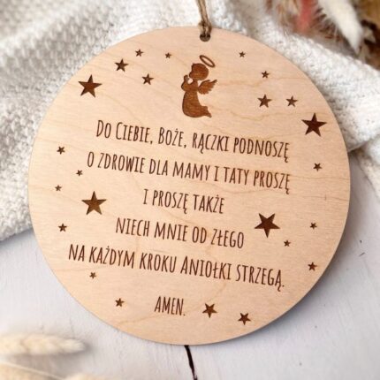 Drewniana tabliczka z modlitwą "Do Ciebie Boże rączki podnoszę" aniołek