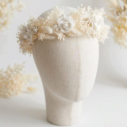 Wianek komunijny i ozdoba na świecę ZESTAW kremowo biały